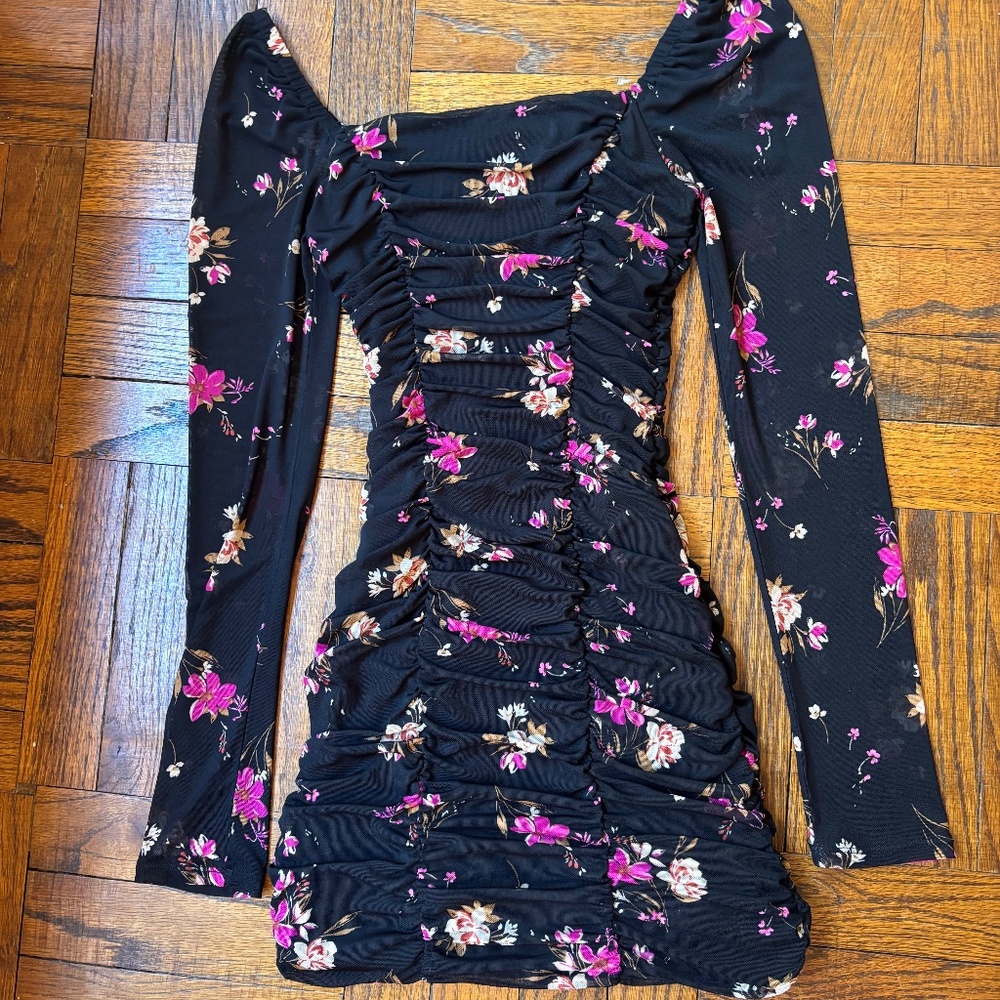 Floral Long Sleeve Ruched Mini Dress